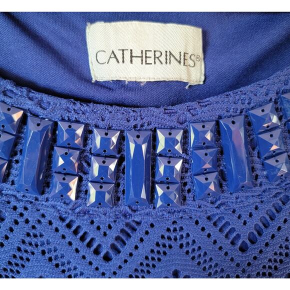 Catherines Plus Royal Blue Eyelet Beaded Mock Neck Sleeveless Midi Sheath Dress - Picture 2 of 5